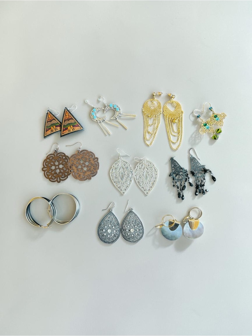 10 Assorted Women's Earring Collection in Gold, Silver, Black, Turquoise, Brown